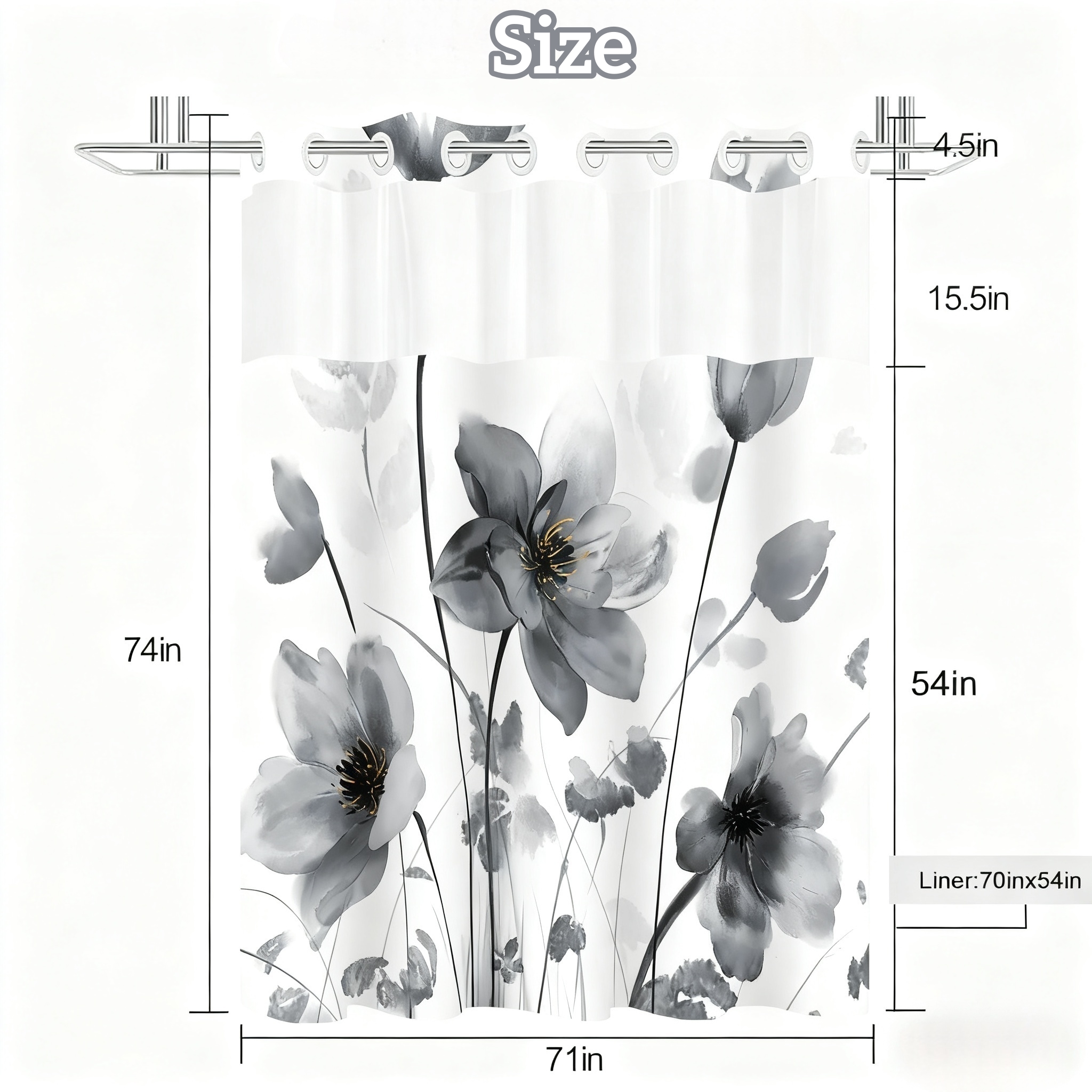 NIUBIER No Hook Boho Floral Shower Curtain Set with Snap-in Liner, Black Watercolor Flower Fabric Bathroom Curtain with See-Through Top Window, 71"X74"