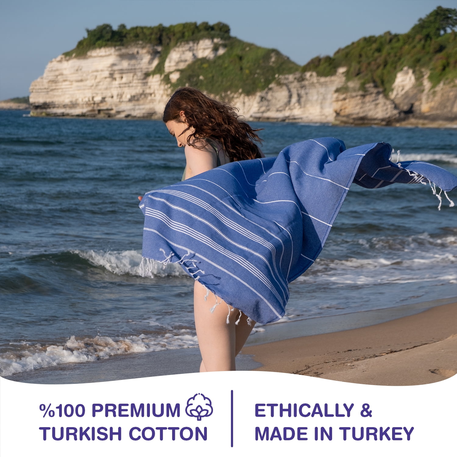 PADISHAHHOME Turkish Beach Towels, Bulk Case of 24 | Oversized, Quick Dry, Sand Free | 100% Cotton, Large 38x71" Towels for Beach, Pool, Travel | Ultra-Soft, Compact, Absorbent | Blue