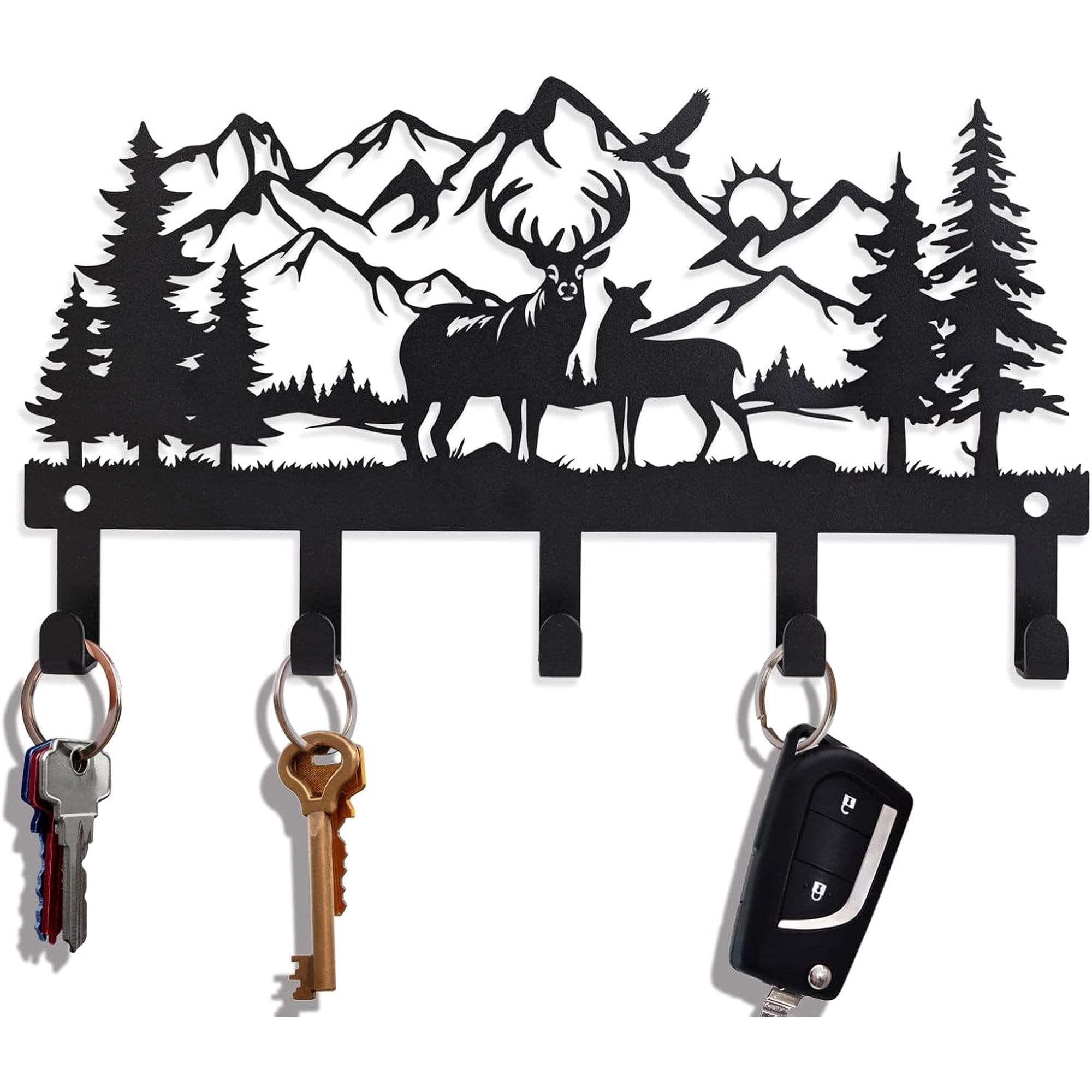 Deer Mountain Metal Key Holder Wall Mount Key Holder for Wall Rustic Cabin Decor Key Rack Hooks Hanger Woodland Wildlife Wall Art Entryway Organizer Housewarming Hunting Gifts