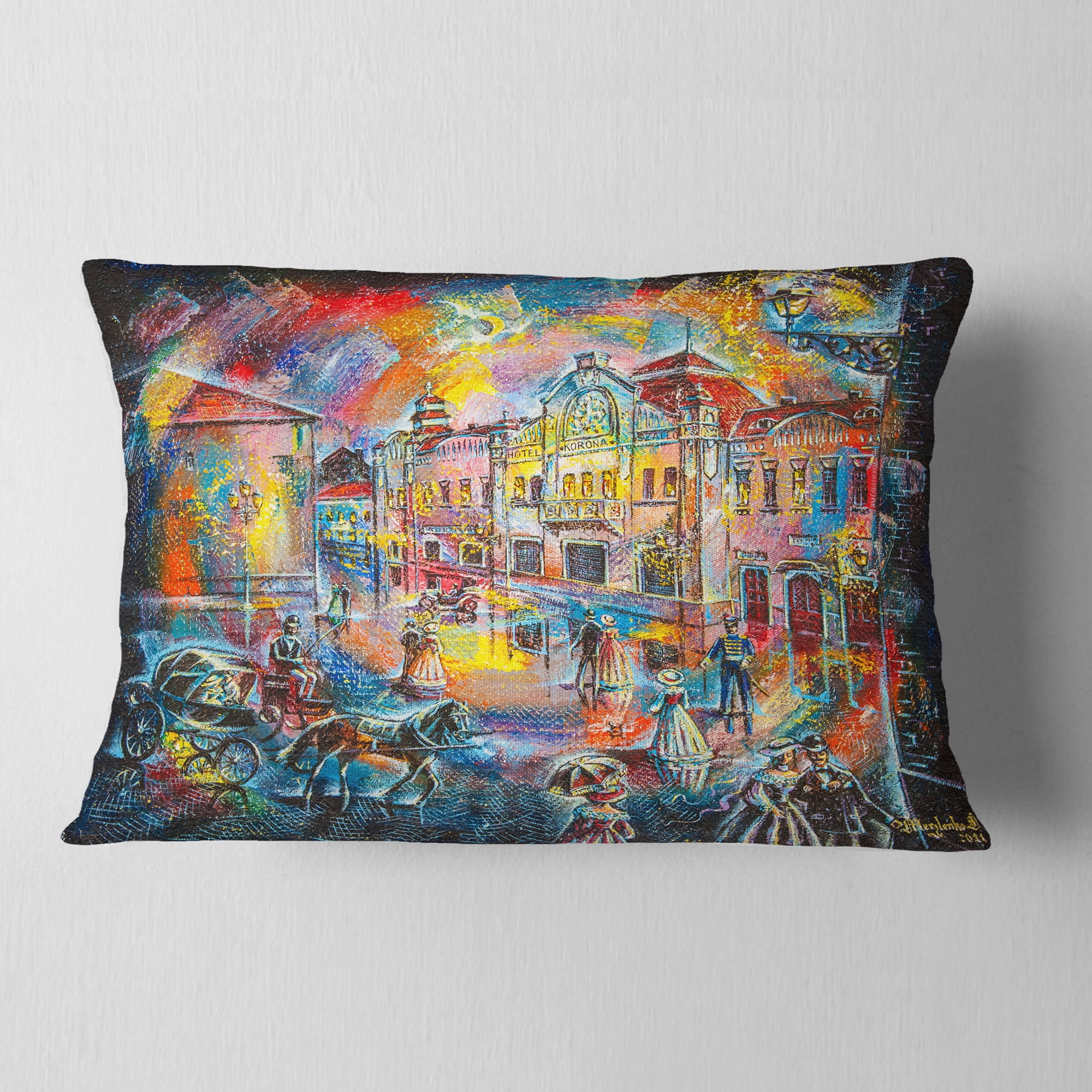 Designart Night City with People - Cityscape Throw Pillow - 12x20