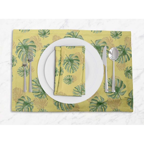 S4Sassy Yellow Monstera Leaves Washable Placemats & Napkins Table Decor Dining Mats