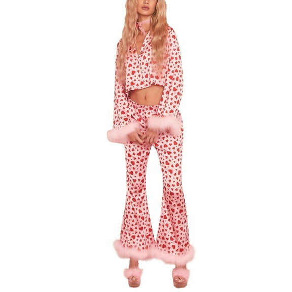 Sleepwear Sets Women Pajama Sets Notch Collar Button Down Long Sleeve 2 Piece Cute Feather Valentine's Day Heart Print Nightwear Set with Pocket Feather Pants Party Pjs Pink L
