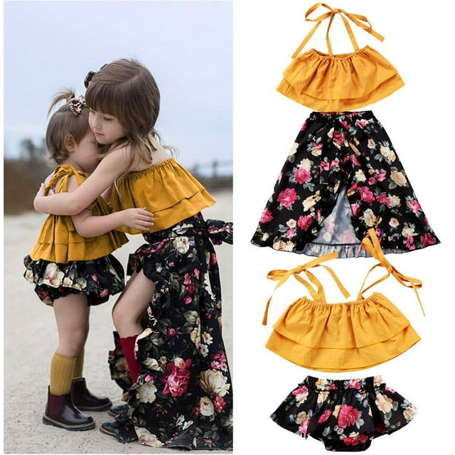 Bébé Enfant en Bas Âge Filles Sœurs Sangle Tops Floral Shorts / Tenues Ensemble