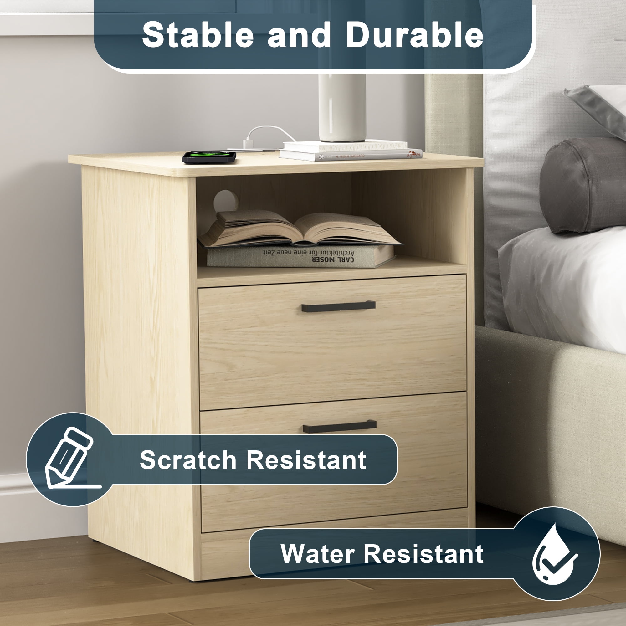 Demi Bonn 18" Side Table with Fast Charging Station USB C Cable Fast Charging, End Table Nightstand with Drawer and Shelf for Bedroom, Living Room, Beige