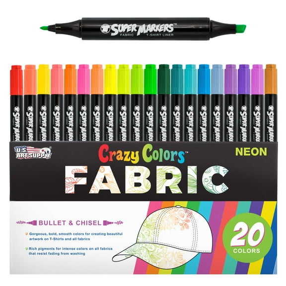 Super Markers 20 Unique Neon Colors Dual Tip Fabric & T-Shirt Marker Set - Double-Ended Fabric Markers with Chisel Point and Fine Point Tips - Ultra-Bright, Vibrant Bold Permanent Ink Colors, Clothing