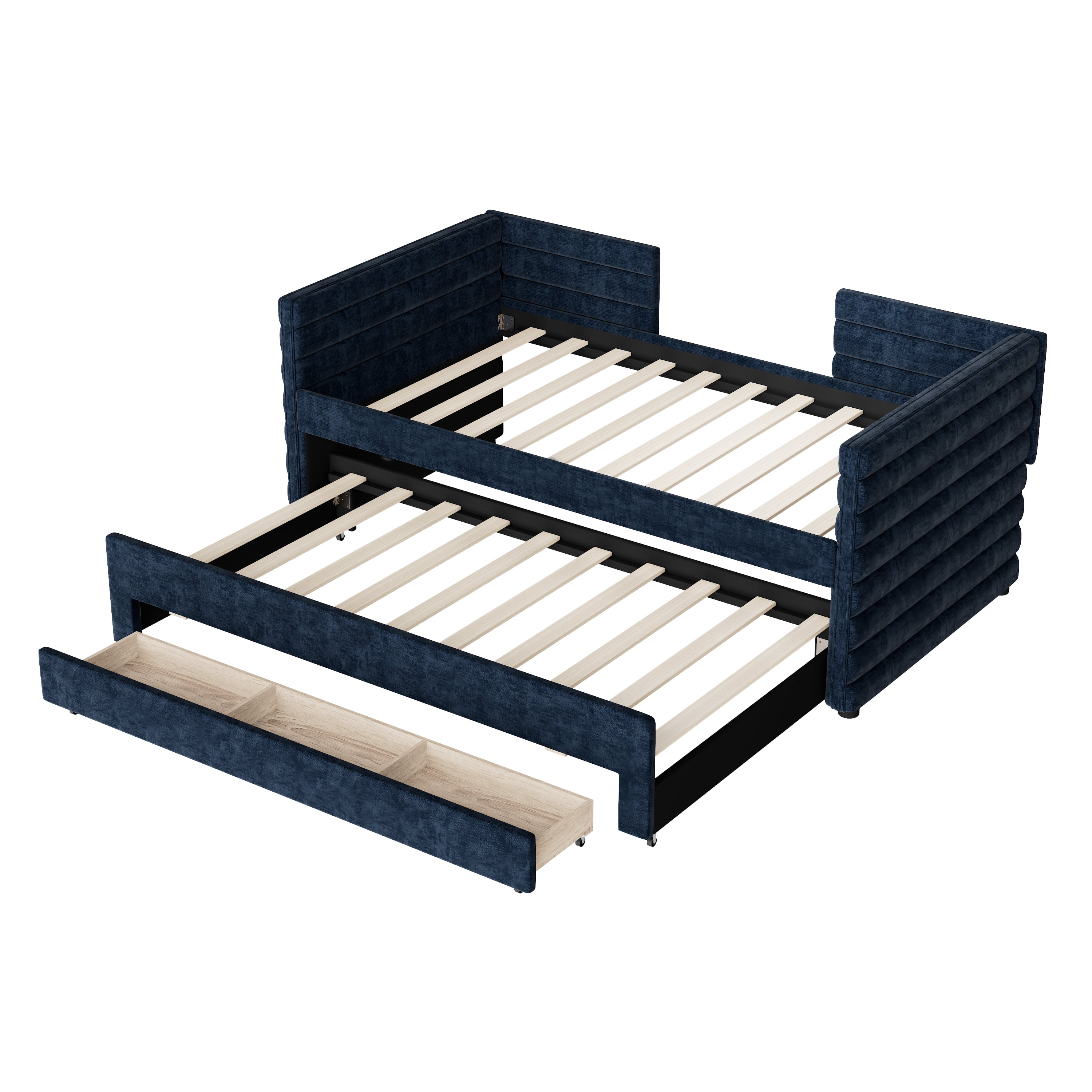 MAYEERTY Twin Upholstered Daybed Trundle 3 Drawers Chenille Sofa Bed for Guest Room Living Room Dark Blue