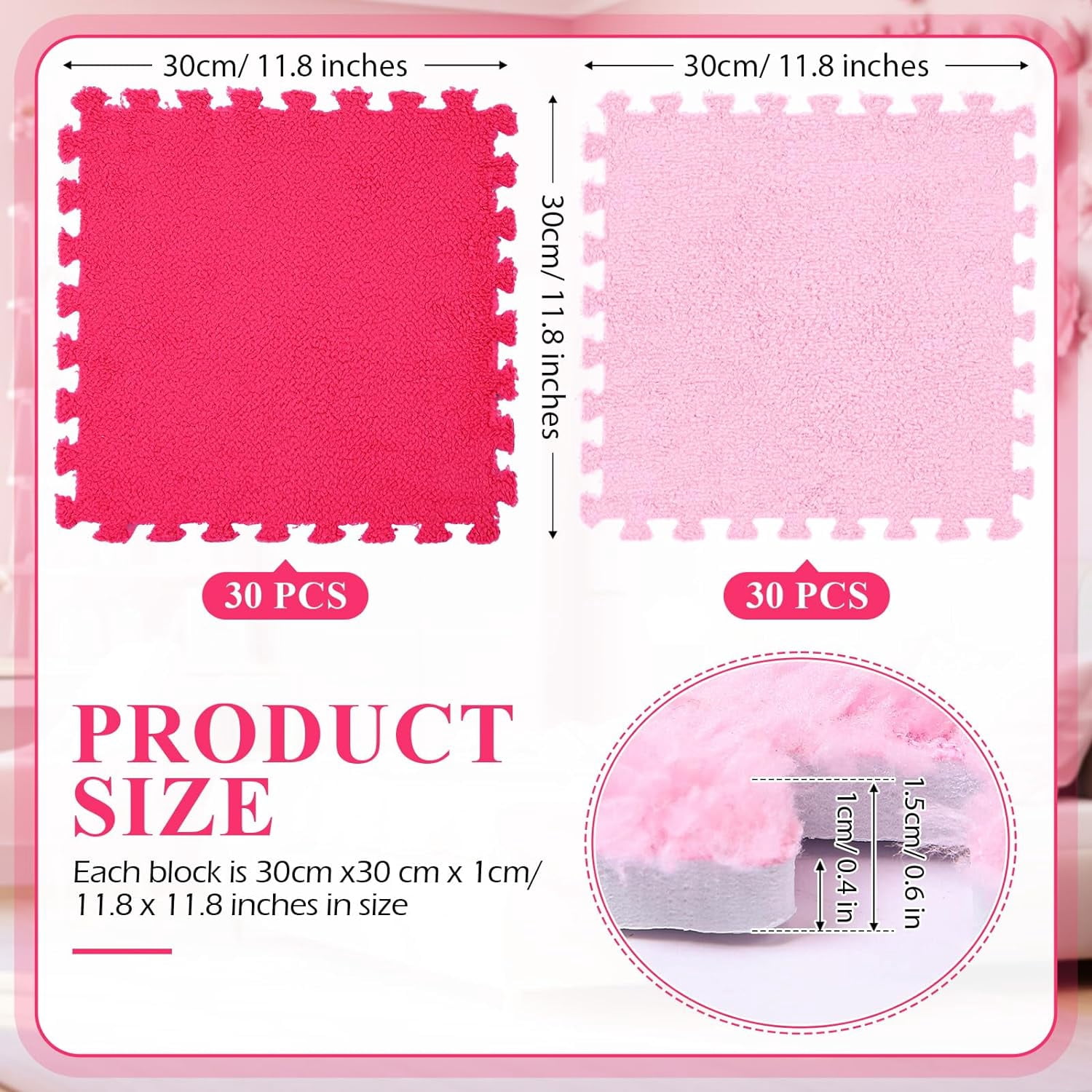 60 Pieces Plush Puzzle Foam Floor Mat Square Interlocking Carpet Tiles with Fluffy Play Mat Floor Tiles Soft Climbing Area Rugs for Living Room Floor Gym Area(Pink, Rose Red)