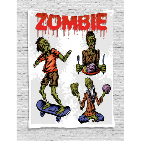 Zombie Tapestry, Dead Man Eating Brain Cannibal Meditating Skate Boarding Graphic Pattern, Wall Hanging for Bedroom Living Room Dorm Decor, Olive Green Red Dust, by Ambesonne