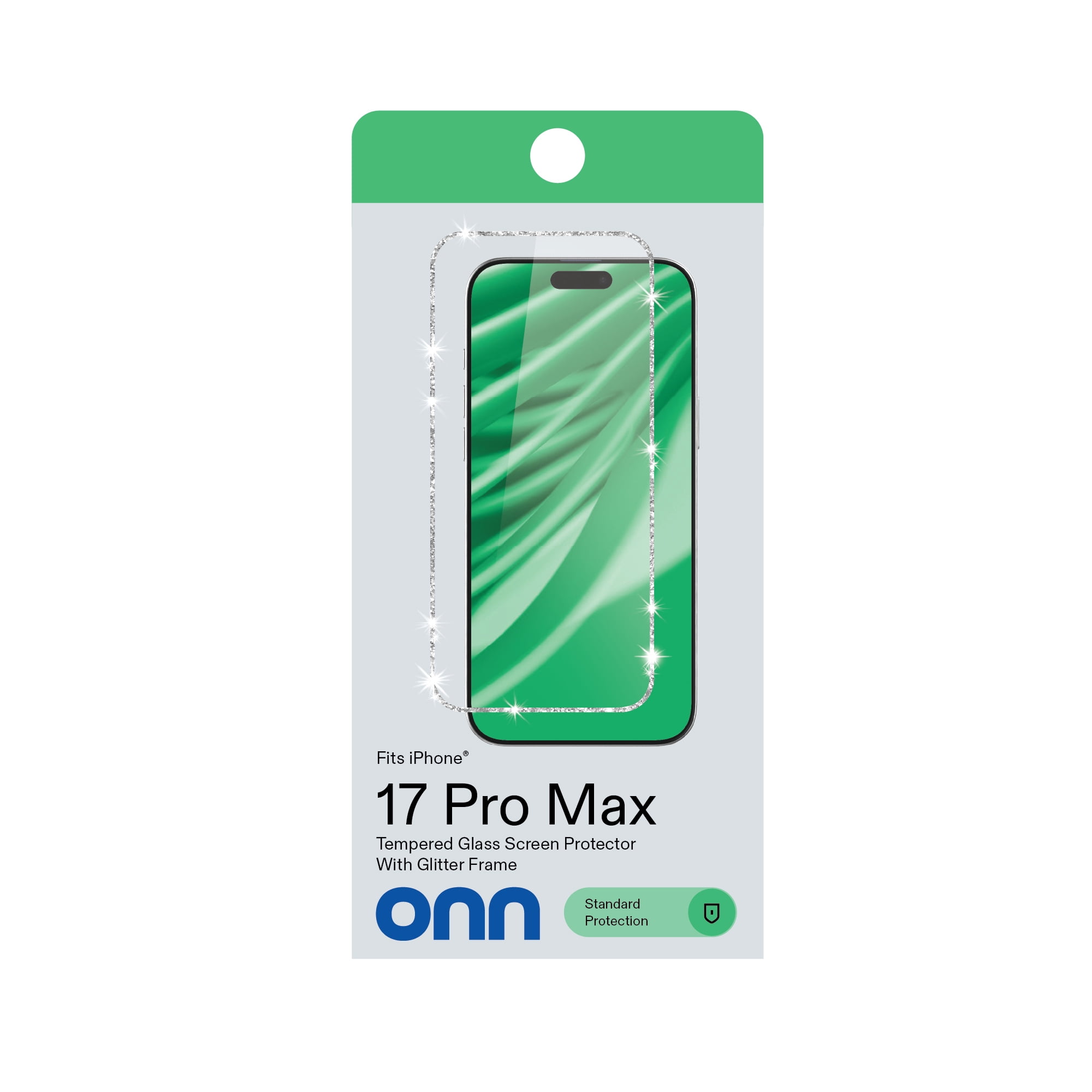 onn Glitter Frame Glass Screen Protector with Easy Application Tray for iPhone 17 Pro Max