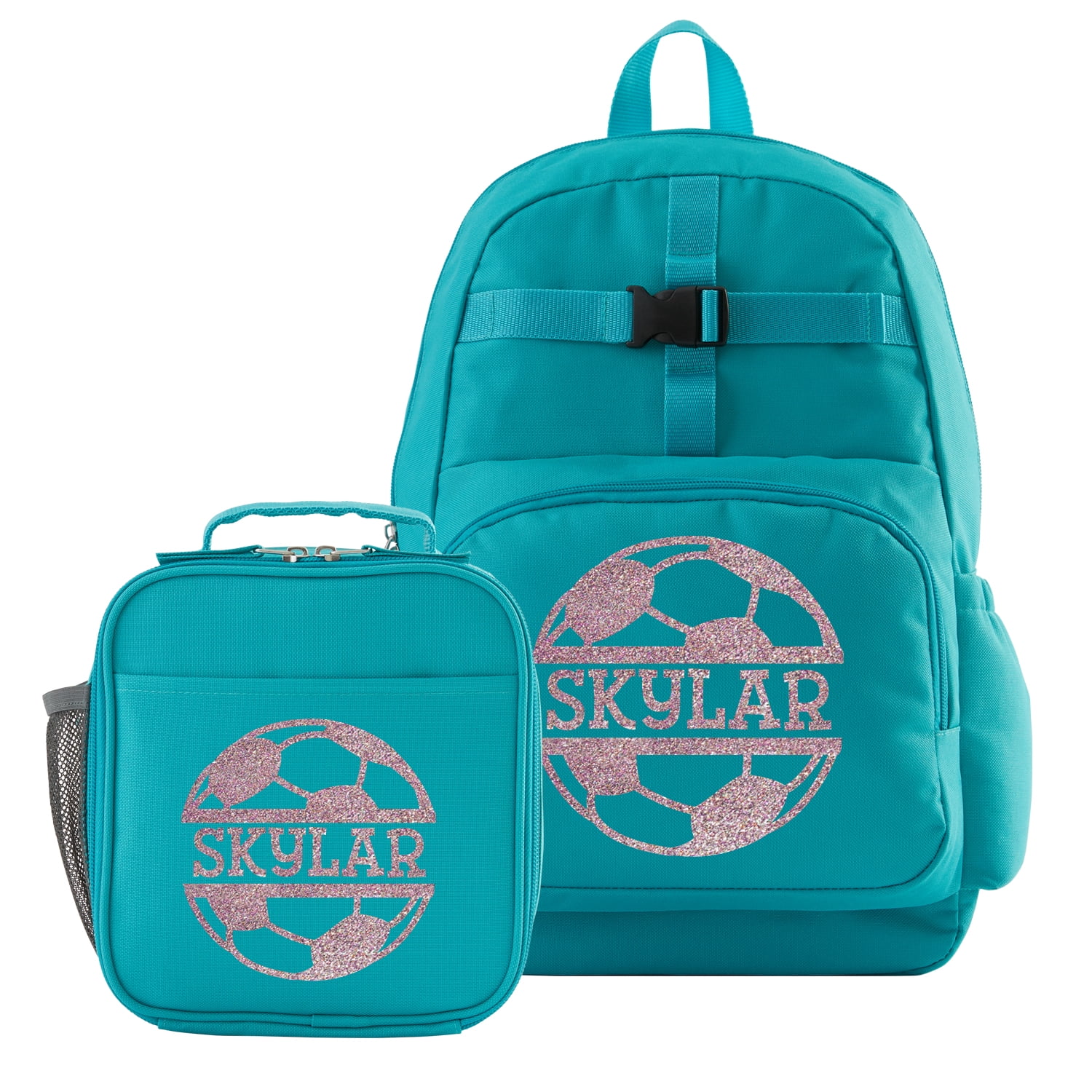ONLINE Personalized Sporty Sparkle Aqua Backpack + Lunchbox Set Soccer