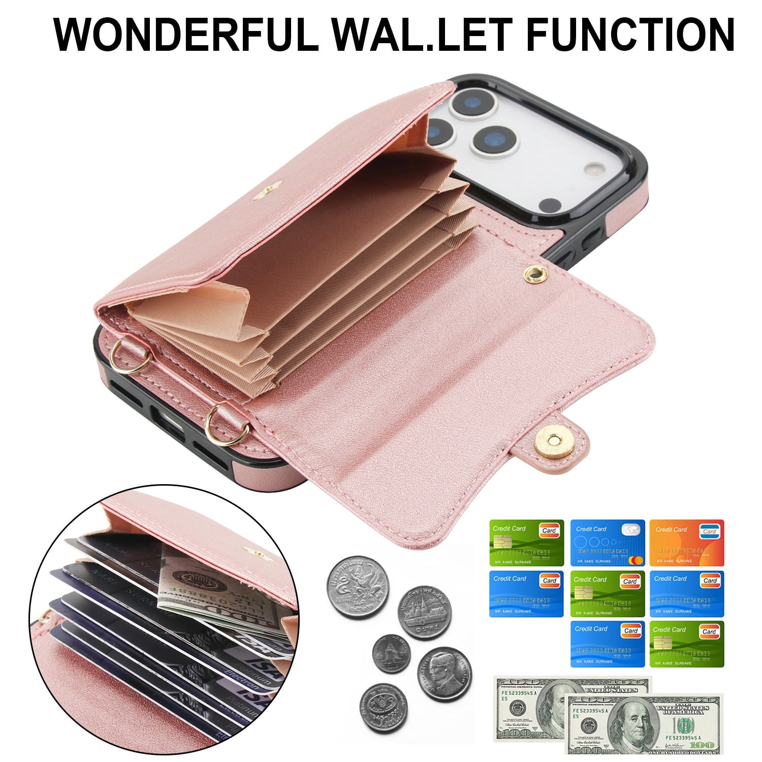 Wallet Case with 8 Card Slots & Cross Body Strap for iPhone 17 Pro - Rose Gold