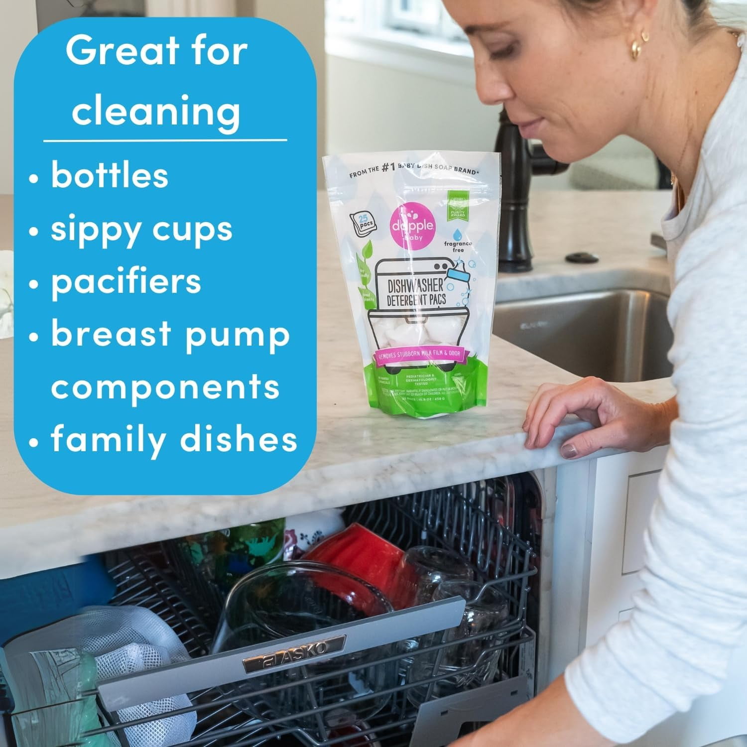 Baby Dishwasher Pacs, Hypoallergenic Dishwasher Pods Powered by Plants, Removes Milk Residue & Odor on Dishes, Baby Bottles & Kitchenware, Fragrance Free, 50 count