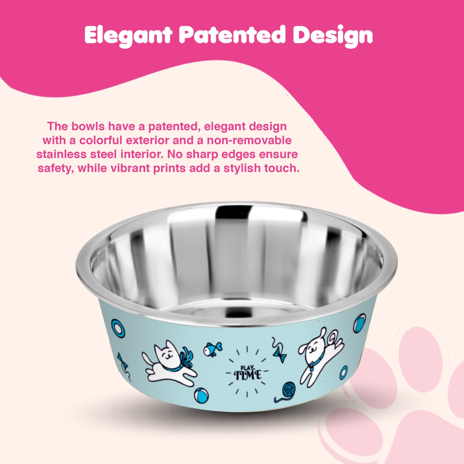Happinesque 1Pc Stainless Steel Dog & Cat Bowl, Anti Skid, 1.5 Cups (Pale Turquoise Playtime Print)
