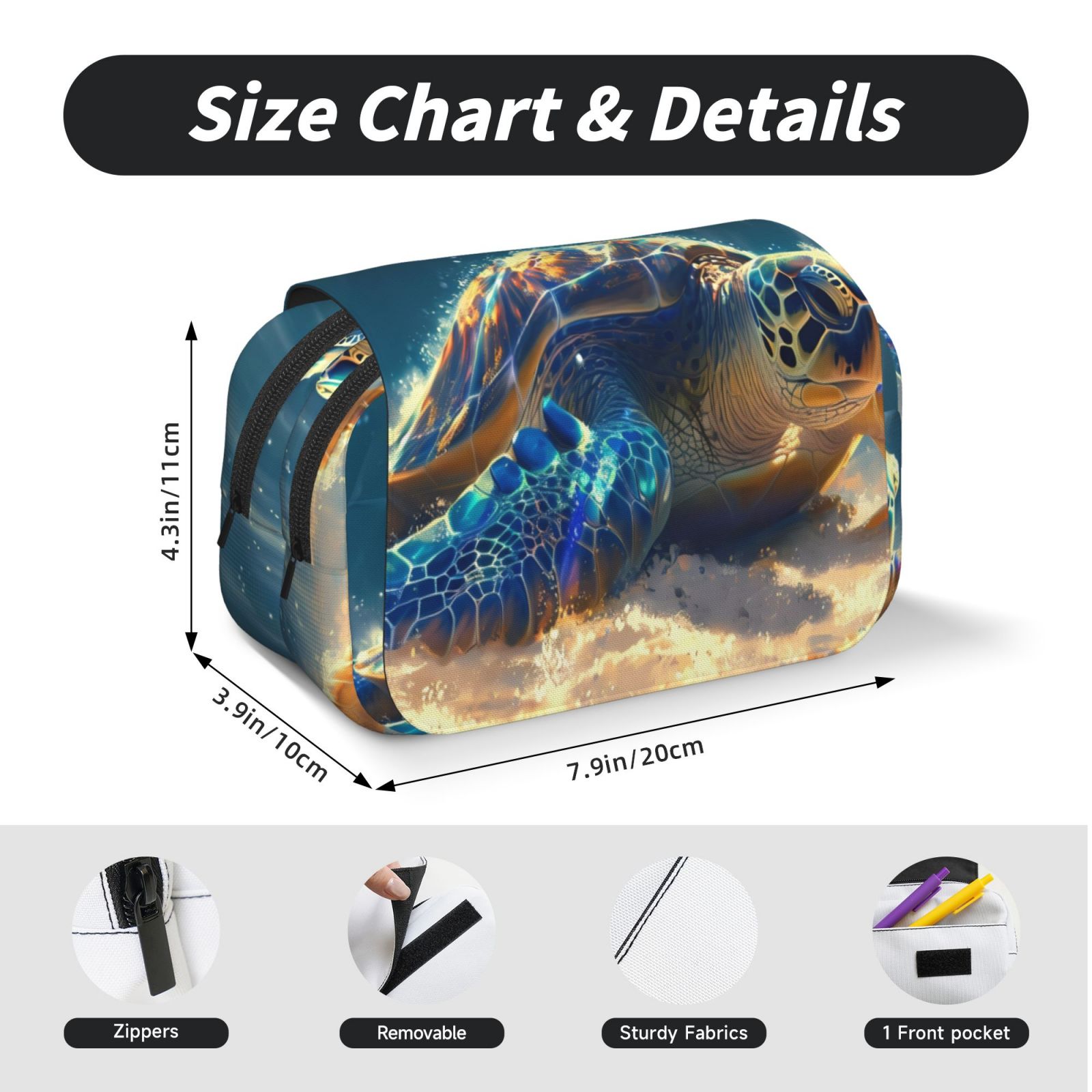 Rateoe Sunshine Underwater Sand Turtle Pattern Double Clamshell Pen Case, Storage Organizer with Two Zipper Compartments– Holds Up to 50 Pencils & Pens