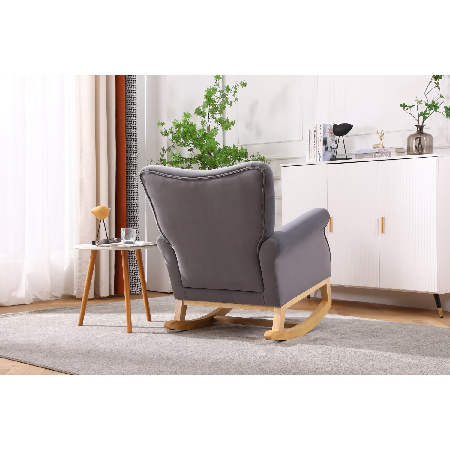 Living Room Rocking Chair, Modern Velvet Upholstered Accent Rocker Chair with Padded Seat and Wood Legs, High Back Glider Rocking Arm Chair for Nursery Baby Room Bedroom Playroom, Grey