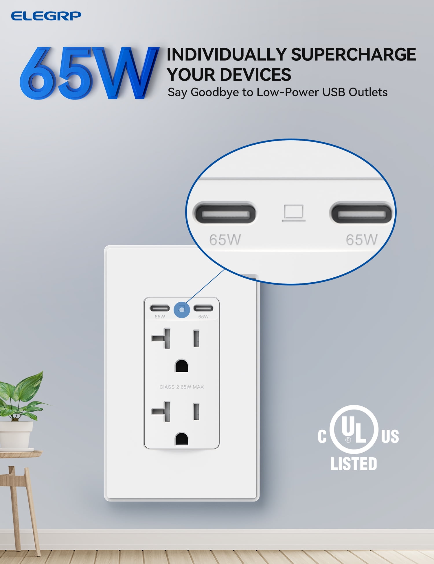 ELEGRP USB Outlets Receptacles, 65W Dual USB C Wall Outlet for Laptop, Power Delivery 20 Amp Tamper Resistant Electrical Outlet with USB C Ports, Wall Plate Included, UL Listed