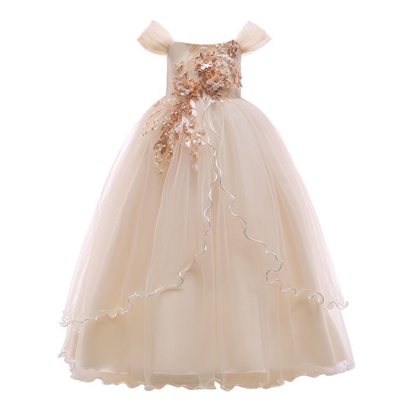 Ketyyh-chn99 Flower Girl Bowknot Tutu Dress Kids Dress Princess Dress Line Shoulder Girl Performance Dress Long Pommel Dress Party for 12-14 Years,Beige