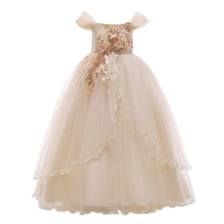 

OJinShaWanO Flower Girl Dresses Ivory Toddler Kids Dress Princess Dress Line Shoulder Girl Performance Dress Long Pommel Dress Party Beige Polyester 6-7 Years