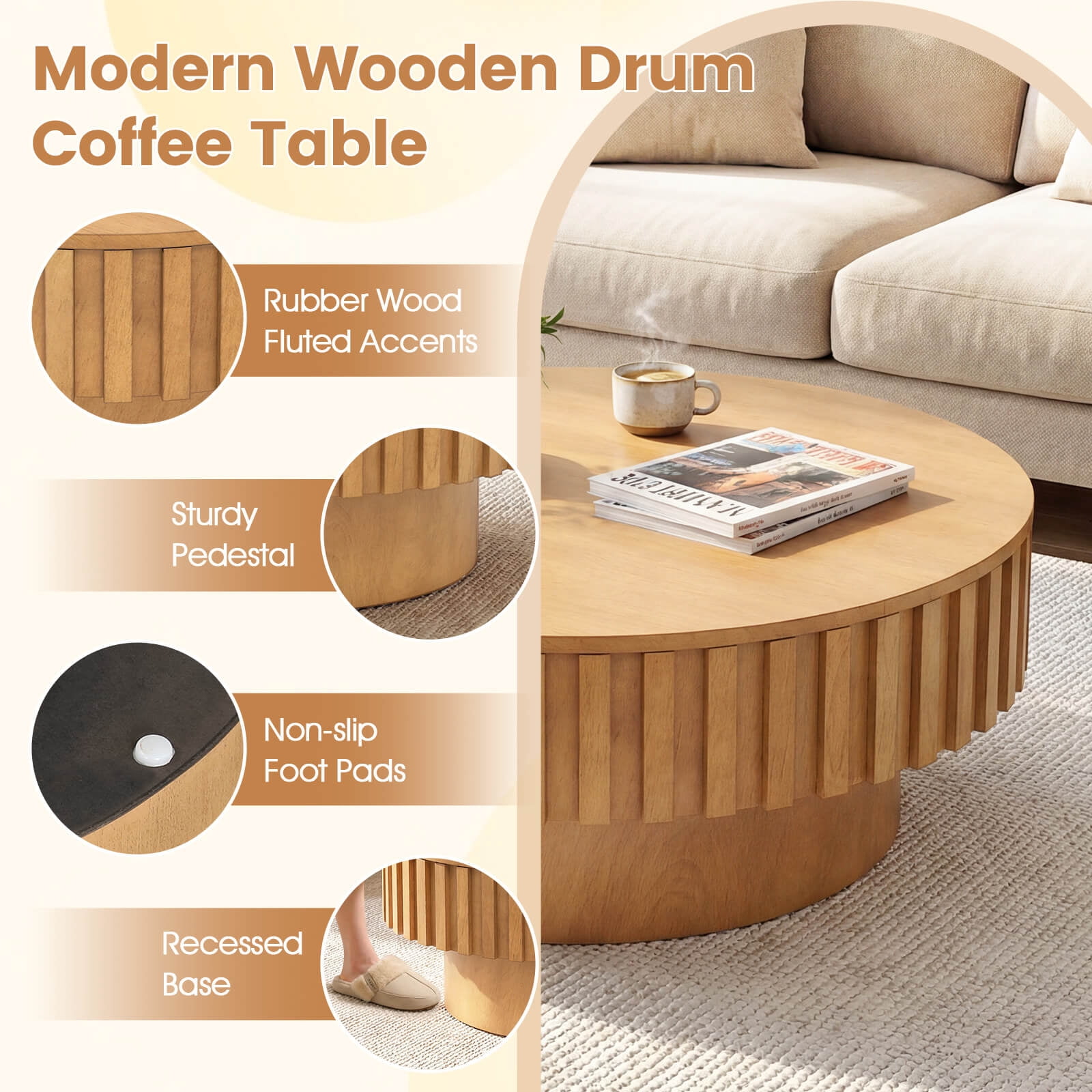Costway Round Coffee Table with Storage, Wooden Drum Coffee Table with Hidden Compartment Natural