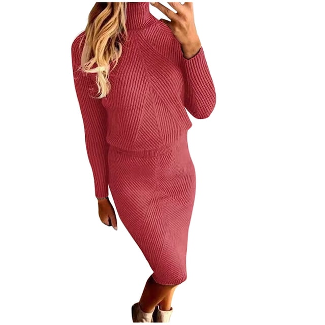 JHLZHS Robe Noire et Robe d'Hiver pour Femmes Col Roulé Tricoté Couleur Unie Chandail Ensemble Jupe Robes d'Été Robe Cocktail