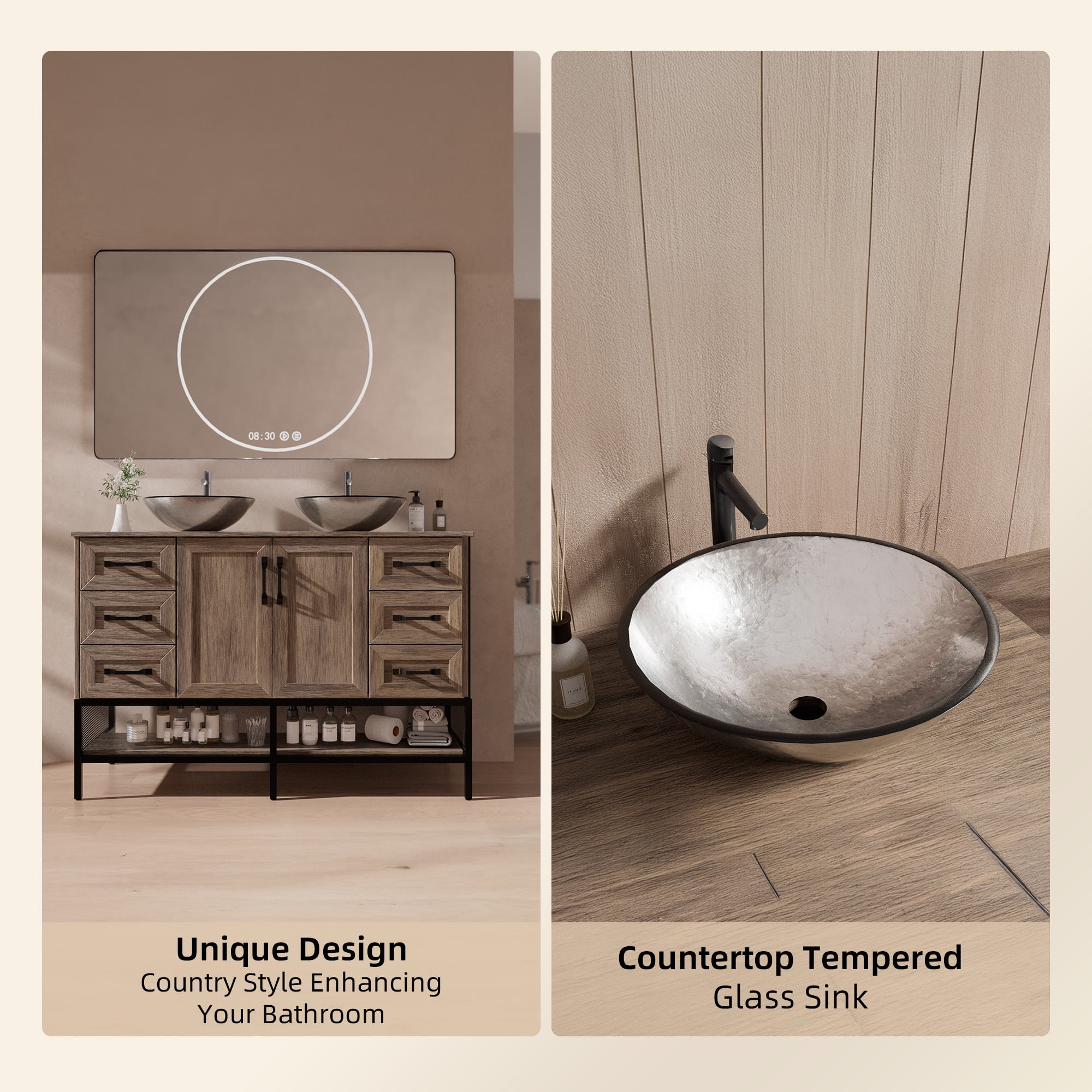 48 Inch Bathroom Vanity with Double Sink, Freestanding Cabinet with Open Shelves and 6 Storage Drawers, Modern Iron Wood Cabinet with Countertop Tempered Glass Vessel(Ship in 2 Boxes)