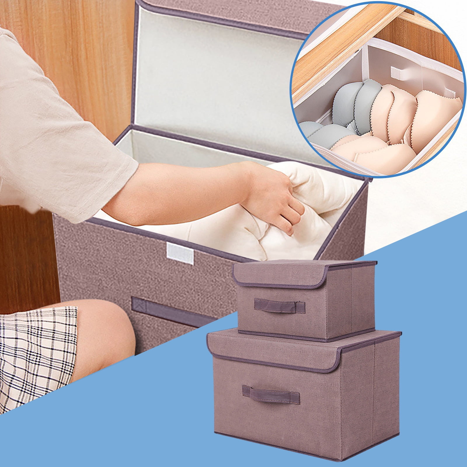 Bizhua Brown: Large + Small - Storage Box Foldable Clothes and Miscellaneous Portable Dust-Proof Storage Box with Lid Folding Storage Box (Large + Small)Storage Box Foldable Clothing Sundries
