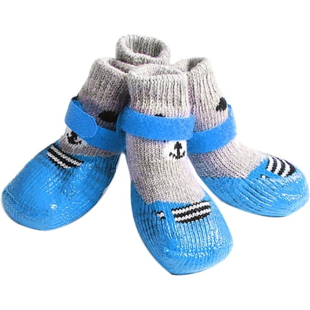 4Pcs Cotton Rubber Pet Boots Waterproof Non-Slip Dog Rain Snow Socks Shoes for Puppy Small Cats Dogs - Blue L