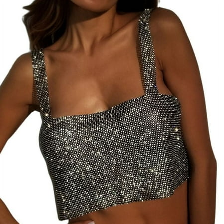 BOOYOU Women Sexy Off Shoulder Cropped Tank Top Glitter Rhinestone Metal Diamond Camis Vest Backless Dancing Festival Party Jewelry Clubwear
