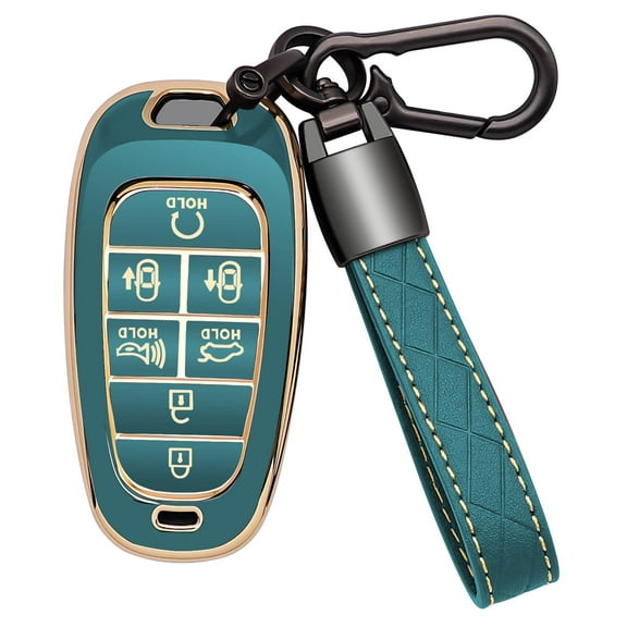 360 Degree Protective 7-Button Soft TPU Key Fob Case with Leather Keychain Compatible with 2020 2021 2022 2023 Hyundai Sonata Santa Fe Tucson Elantra Kona Palisade Keyless Remote Cover