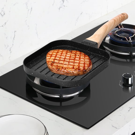 Aluminium Alloy Square Grilling Pan for All Stoves Nonstick Grill Skillet Steak Pan Versatile Wood Handle Stove Top Grill Pan for Indoor Cooking Outdoor Grilling