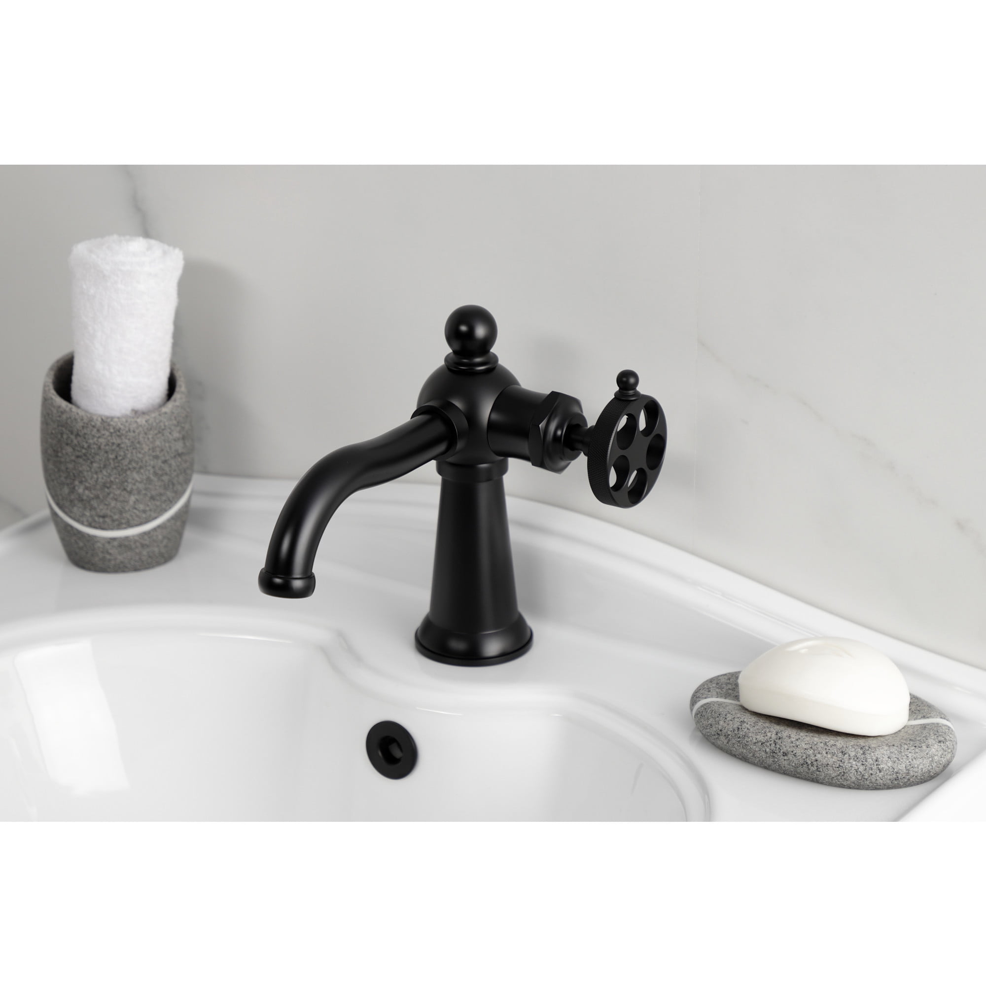 Kingston Brass KS3540RKZ Wendell One-Handle Single-Hole Bathroom Faucet with Knurled Handle and Push Pop-Up Drain, Matte Black