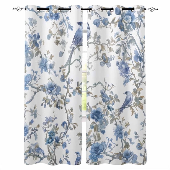 Blue Floral Birds Blackout Curtains for Bedroom Living Room Darkening Curtains 84 Inch Length 2 Panels Set Farmhouse Flowers Pastoral Window Curtain Insulated Window Treatment Grommet Drapes 42"x84"