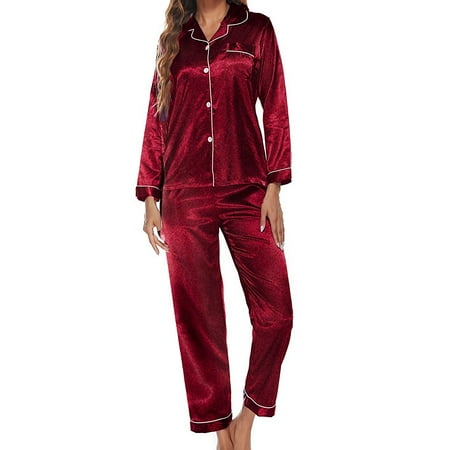 

Monfince Womens Satin Pajamas Set Two-piece Loungewear Sleepwear Long Sleeve Button Down Shirts and Pants Pjs Nightwear