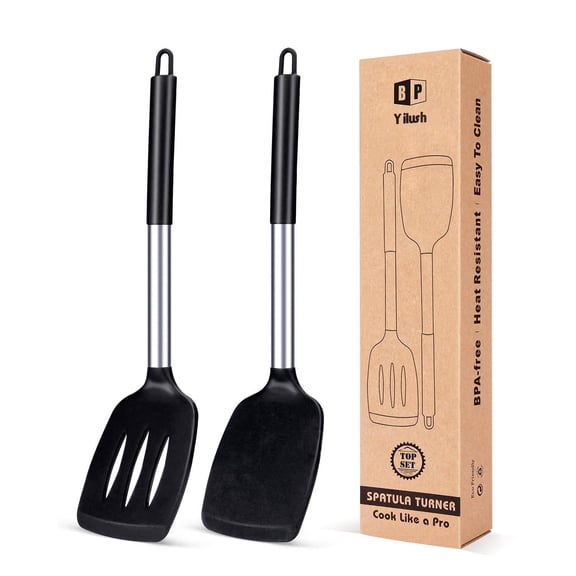 Pack of 2 Silicone Solid Turner, Non Stick Slotted Kitchen Spatulas, High Heat Resistant BPA Free Cooking Utensils, Ideal Cookware for Fish, Eggs, Pancakes(Black)