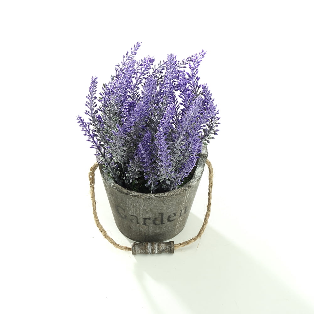 K-Cliffs Vintage Bouquet of Artificial Lavender Flowers  Potted in a Rustic Gray Wooden Metal Planter Pot   6.7Dia x 8.3H inches; 5Dia x 4.3 inches