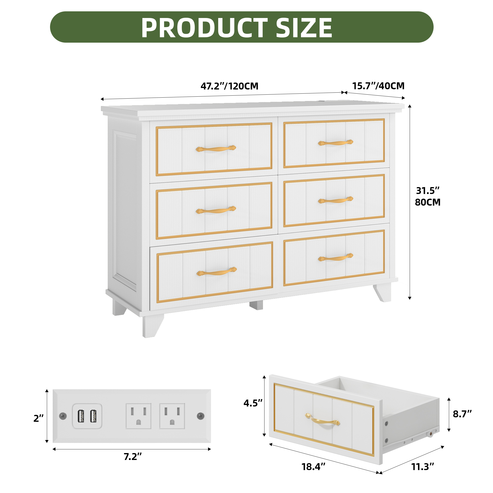 Uforic 6-Drawer Dresser with Power Strip, Gold Strips & Metal Handles, Storage Chest, White