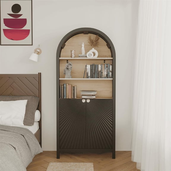 Topcobe Vintage-Inspired 5-Shelf Bookcase, Space-Saving Arched Storage Cabinet, 61" Tall Mid-Century Style Wooden Bookshelf with Lockable Door, Black Finish