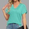 thumbnail image 2 of Hauts à Manches Courtes Unis Col en V Ample pour Femmes, Vert G, 2 of 6