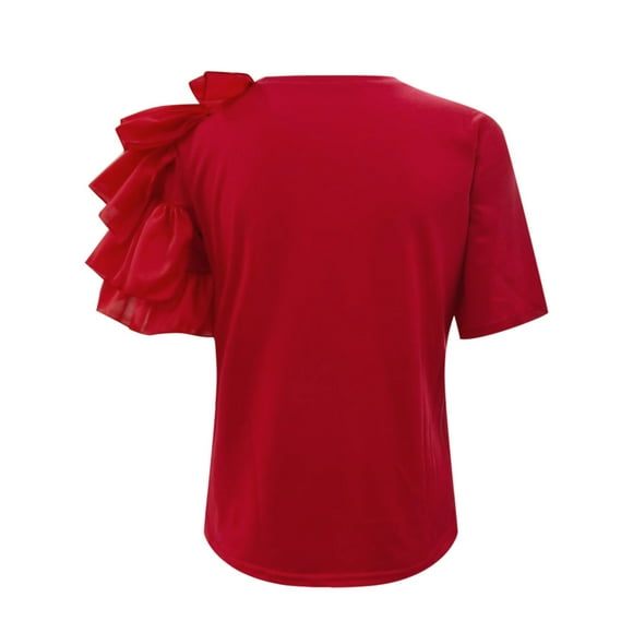 Womens T Shirts Loose Fit Solid Color Fashion Ruffles Short Sleeve Versatile Crewneck Shirt In Stock Womens Tshirts Red S