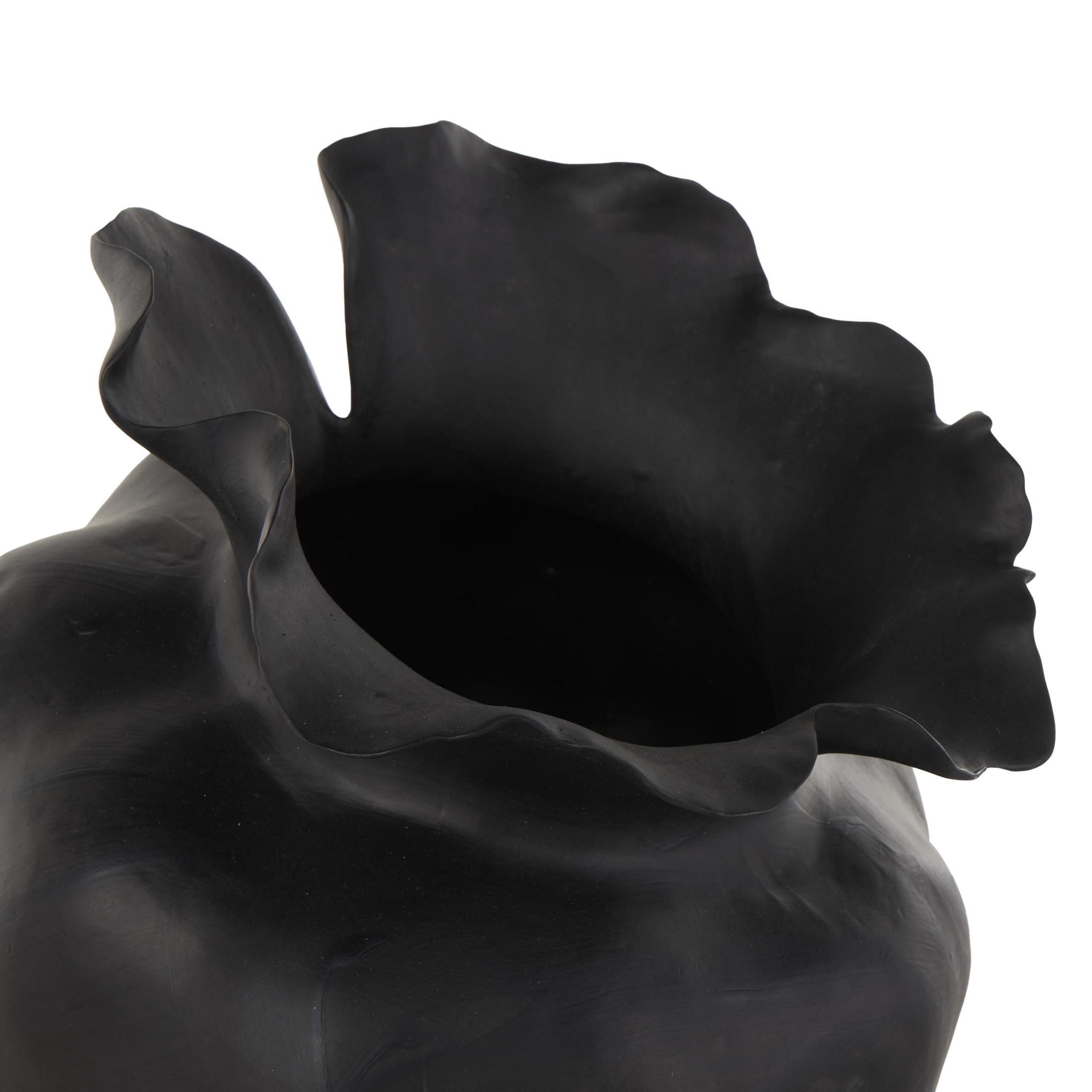 DecMode 13" Abstract Wide Rounded Floral Shaped Black Ceramic Vase with Petal Rim