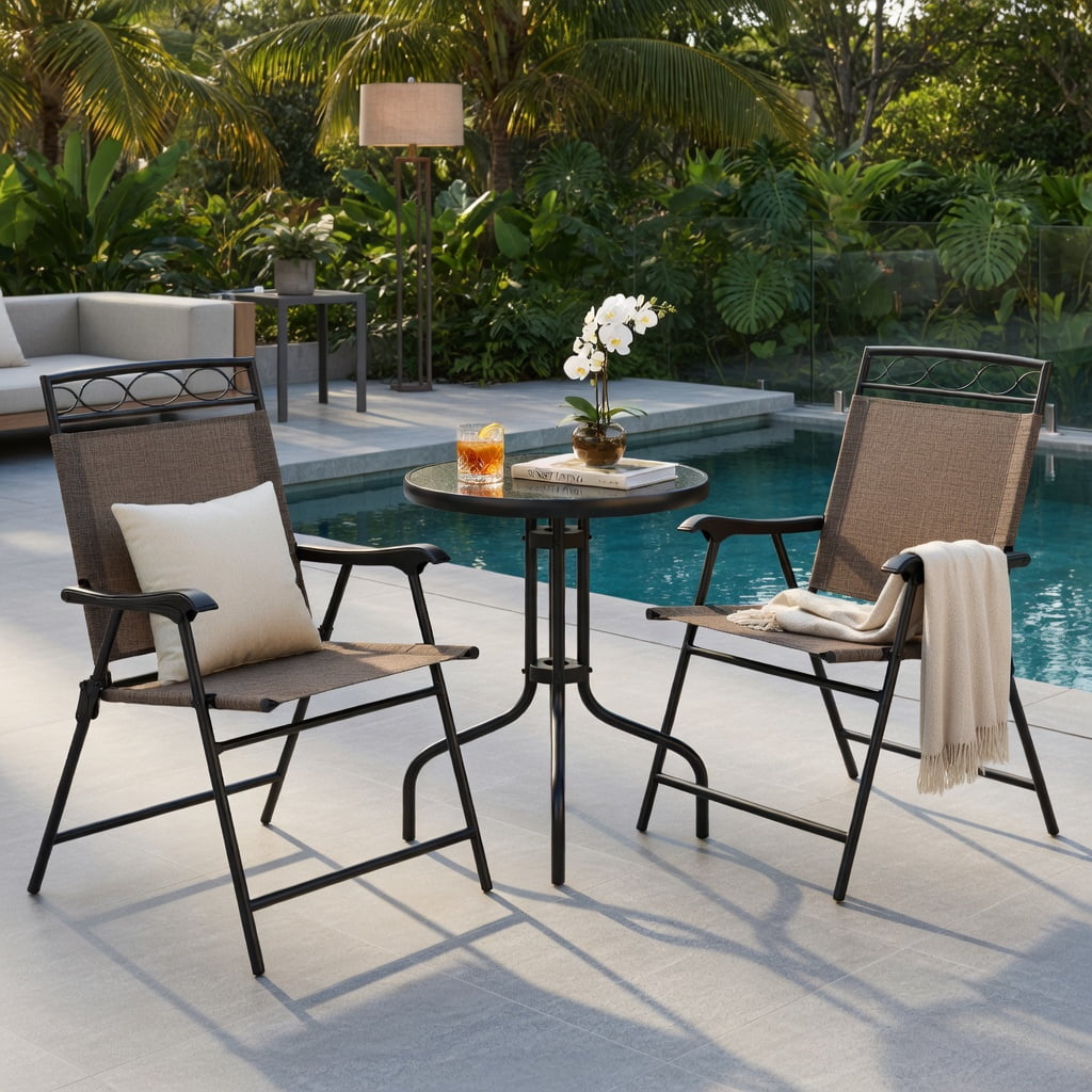 Hommoo 3-Piece Outdoor Bistro Set, Foldable Metal Patio Chairs + Round Tempered Glass Table with 1.57" Umbrella Hole, Compact for Balcony, Porch & Small Spaces, Brown & Black