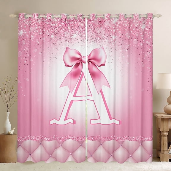 jejeloiu Letter A Monogrammed Black Out Curtains,Cute Bow Cowtie Curtains Pack of 2 (42x63 Each),Pink Glitter Print Bedroom Curtains For Child,Microfiber Room Decorative