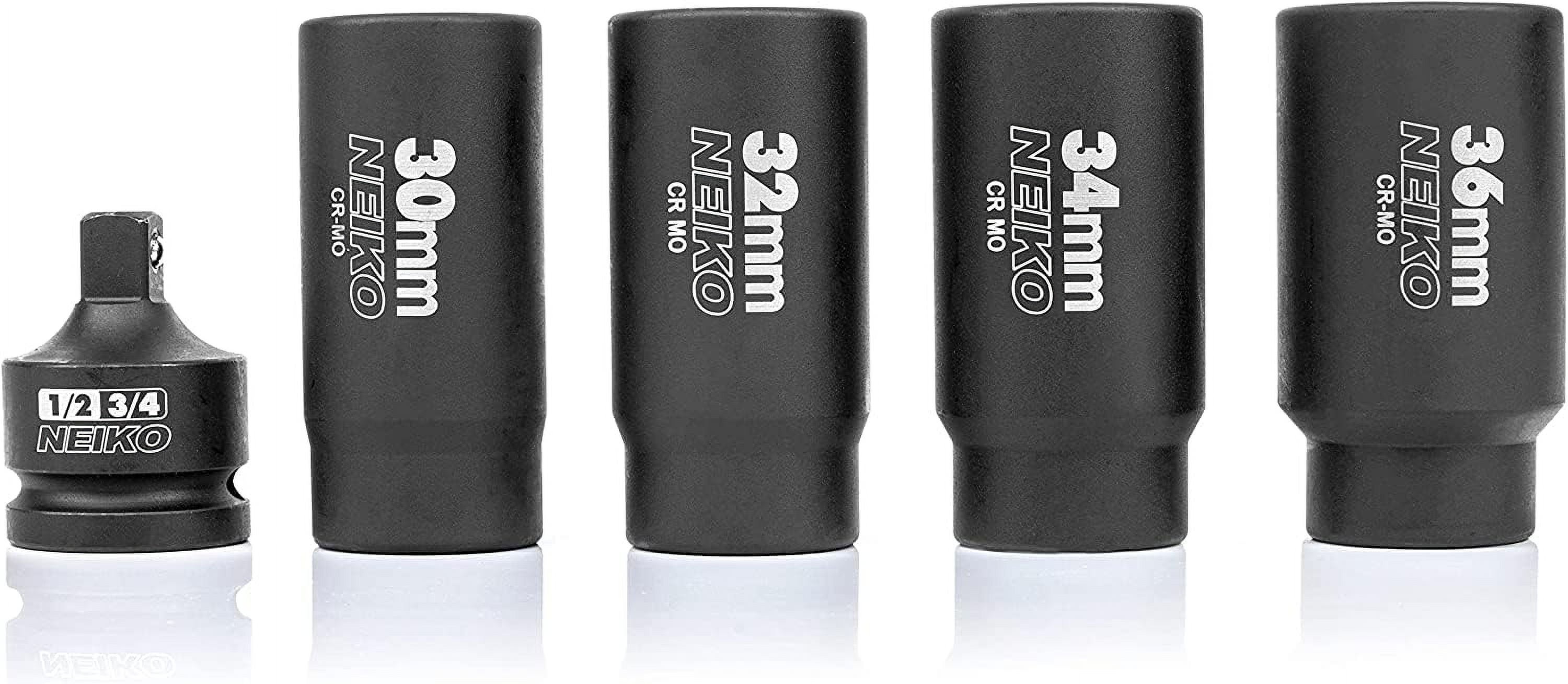 NEIKO 02530A 5 Piece 12 Point Socket Set 1/2” Drive, Lug Nut Remover, Spindle Nut Socket, Axle Nut Socket Set, Metric 30mm - 36mm Socket 1/2 Drive Impact Set, Cr-Mo Impact Adapter, 3/4" -1/2” Reducer