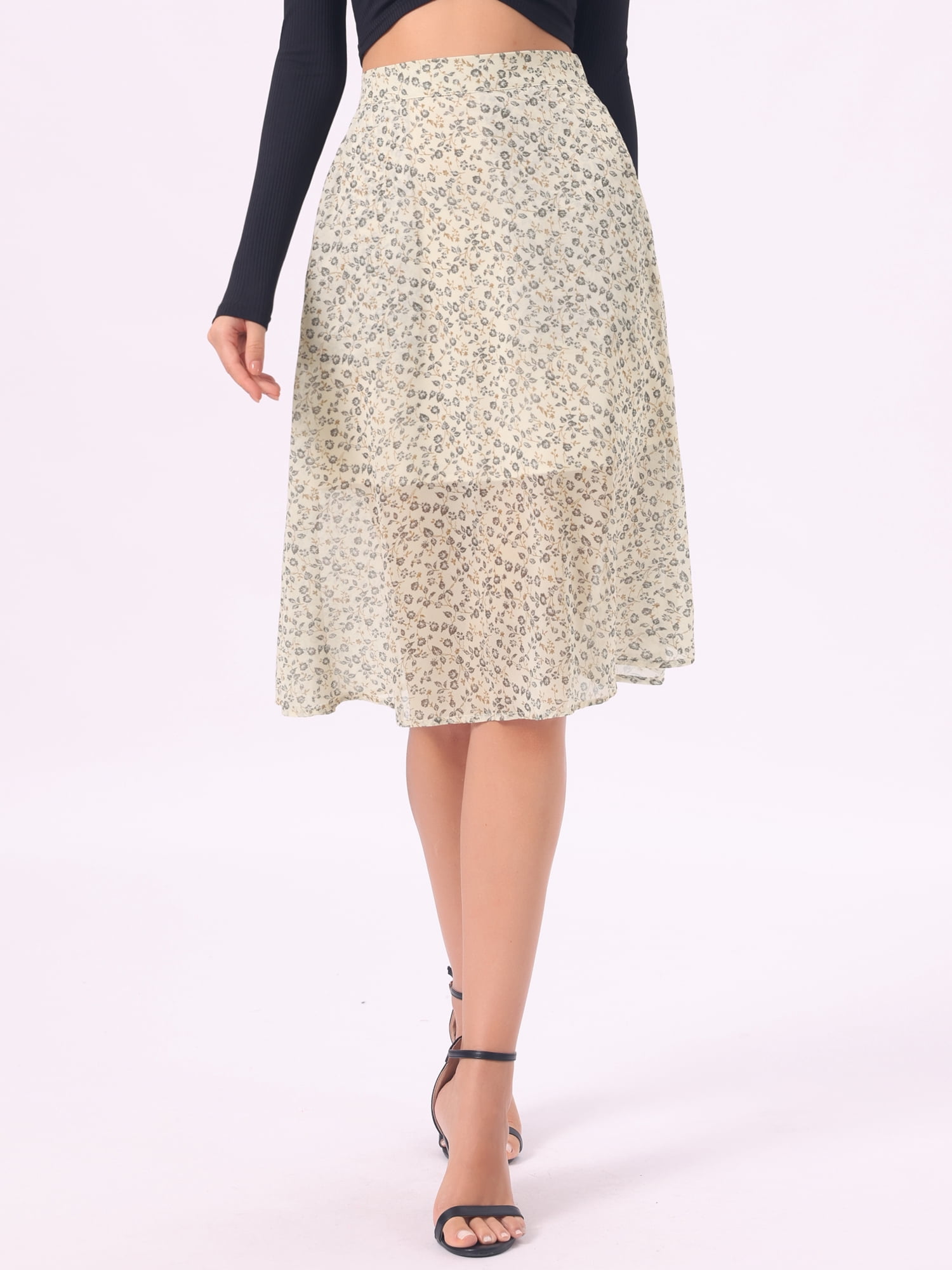DARING DIVA Women's Floral Midi A-Line Chiffon High Waisted Skirt M Apricot Gray