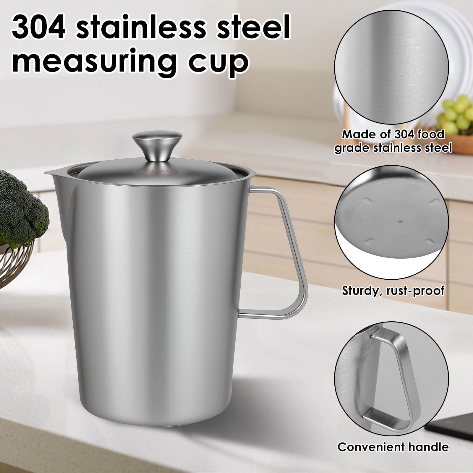 Stainless Steel Measuring Cup 70 oz Milk Frothing Pitcher with Lid, 2L Metal Water Jug Carafe with Engraved Markings for Coffee Espresso Machine