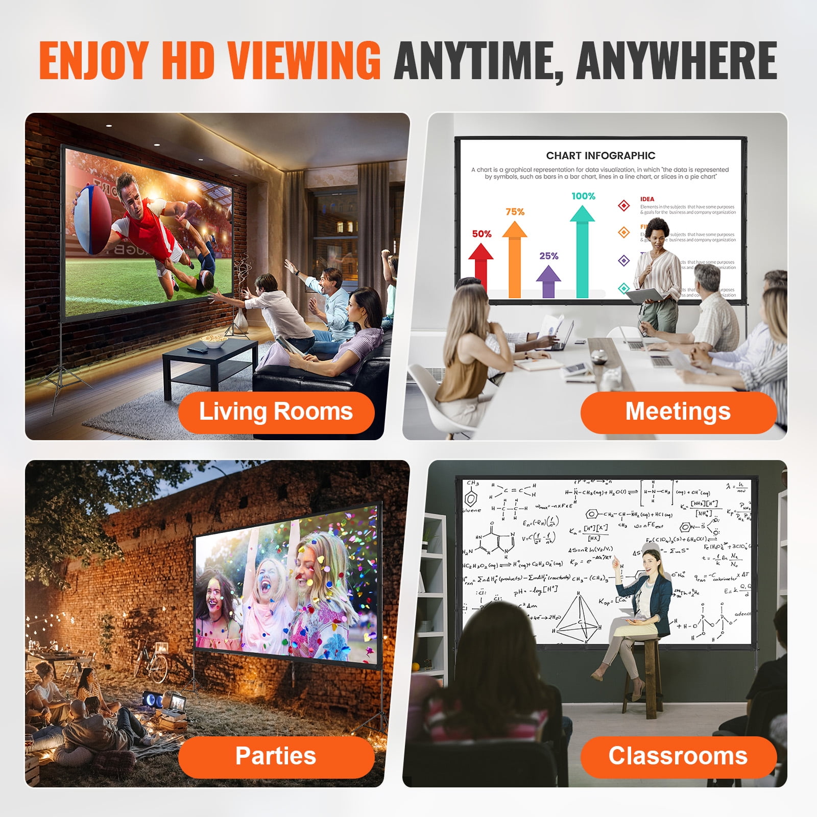VEVOR Projector Screen with Stand, 150 inch 16:9 4K 1080 HD Outdoor Movie Screen with Stand, Wrinkle-Free Projection Screen with Tripods and Carry Bag, for Home Theater Cinema Backyard Movie Night