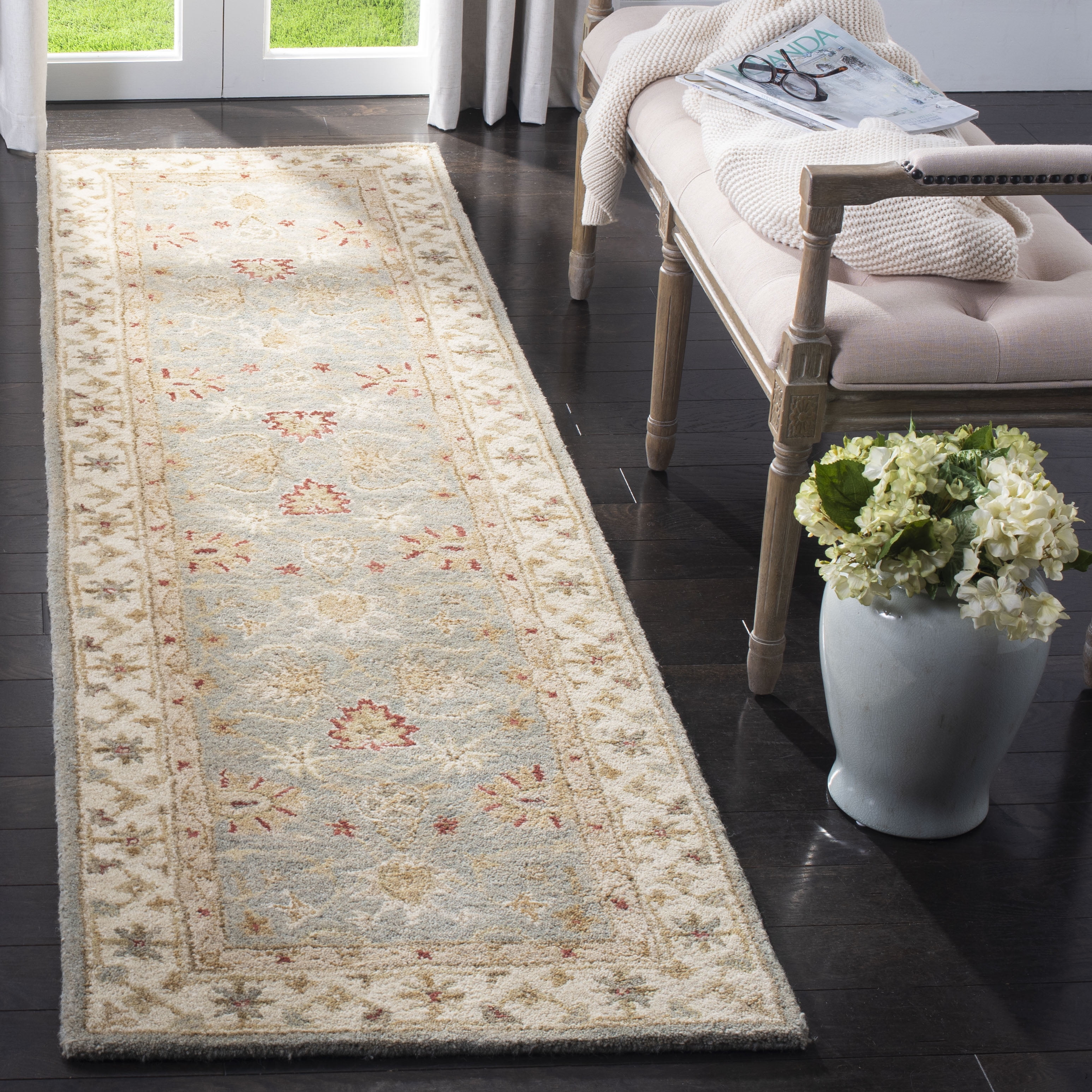 SAFAVIEH Antiquity Lorraine Floral Bordered Wool Runner Rug, Grey Blue/Beige, 2'3" x 6'