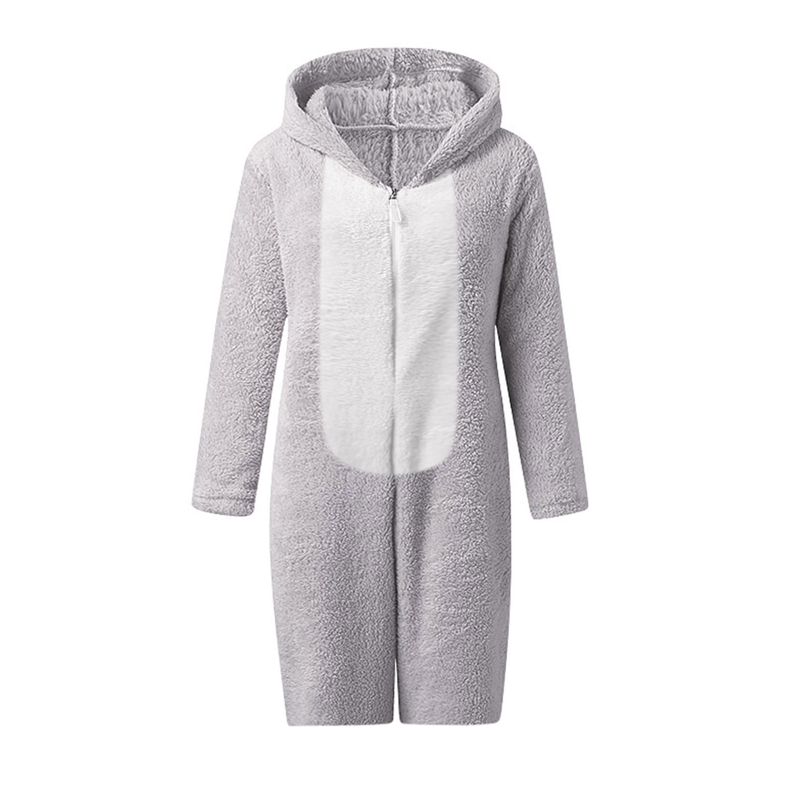 BiZtdJrK Womens Plush Onesies Pajamas Sherpa Fleece Short Jumpsuit Fuzzy Cute Ear Hooded Romper Zipper Sleepwear, Gray, S