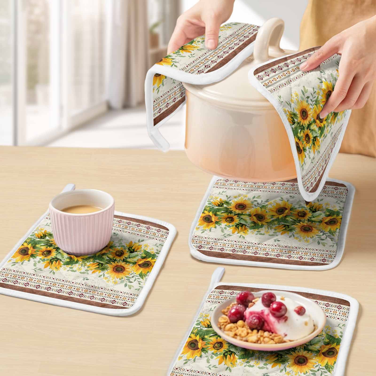 Sunflower Brown Pot Holders for Kitchen Heatproof Potholder, 4 Pack Retro Southwest Country Plant Leaf Floral Hot Pads Multipurpose Oven Pads Cloth Potholders Trivet for Cooking and Baking