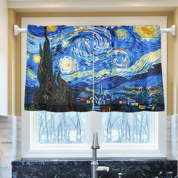 Ryvnso Oil Paint Starry Night Pattern Half Curtains Sets Tier 2 Panels Short Curtain Rod Pocket 27"W x 24"L